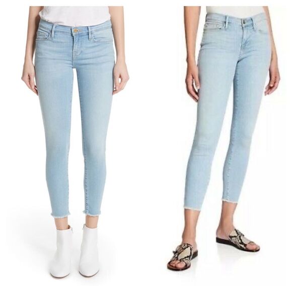 FRAME Le Skinny de Jeanne Mid Rise Light-wash Raw Hem Ankle Crop Skinny Jeans 26 - Picture 2 of 10